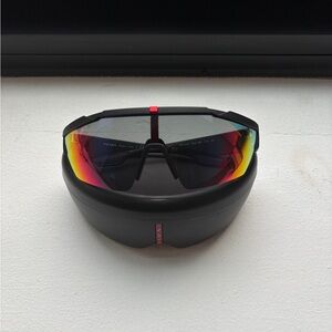 Prada Black Shield Sunglasses with Red-Yellow Mirrored Lenses